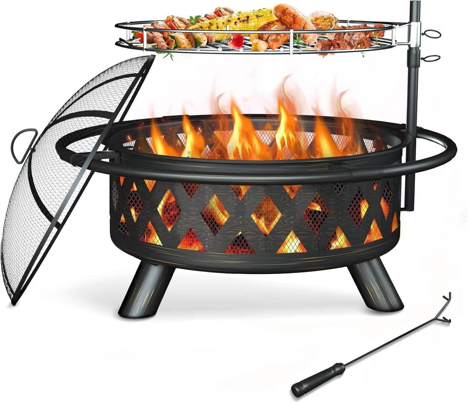 Fire Pits 30'' Outdoor Wood Burning Firepit Bowl with Grill PlateSpark Screen Cover Log Grate Fire Poker Steel Round Fireplace for Outside Camping Bonfire Beach Patio Backyard, Hollowed-Out Red Bird-image-35