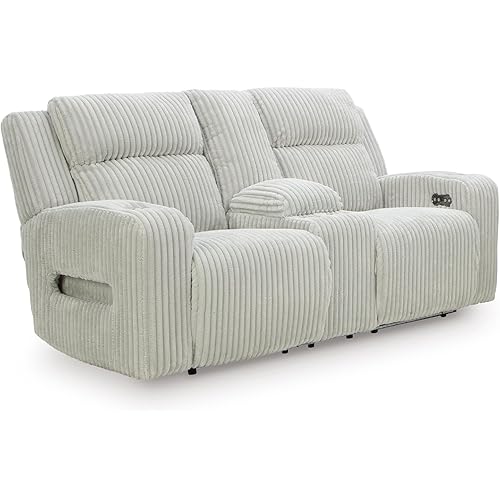 Signature Design by Ashley Broad Cove Modern Power Reclining Loveseat with Console, Adjustable Headrest and LED Lights, White