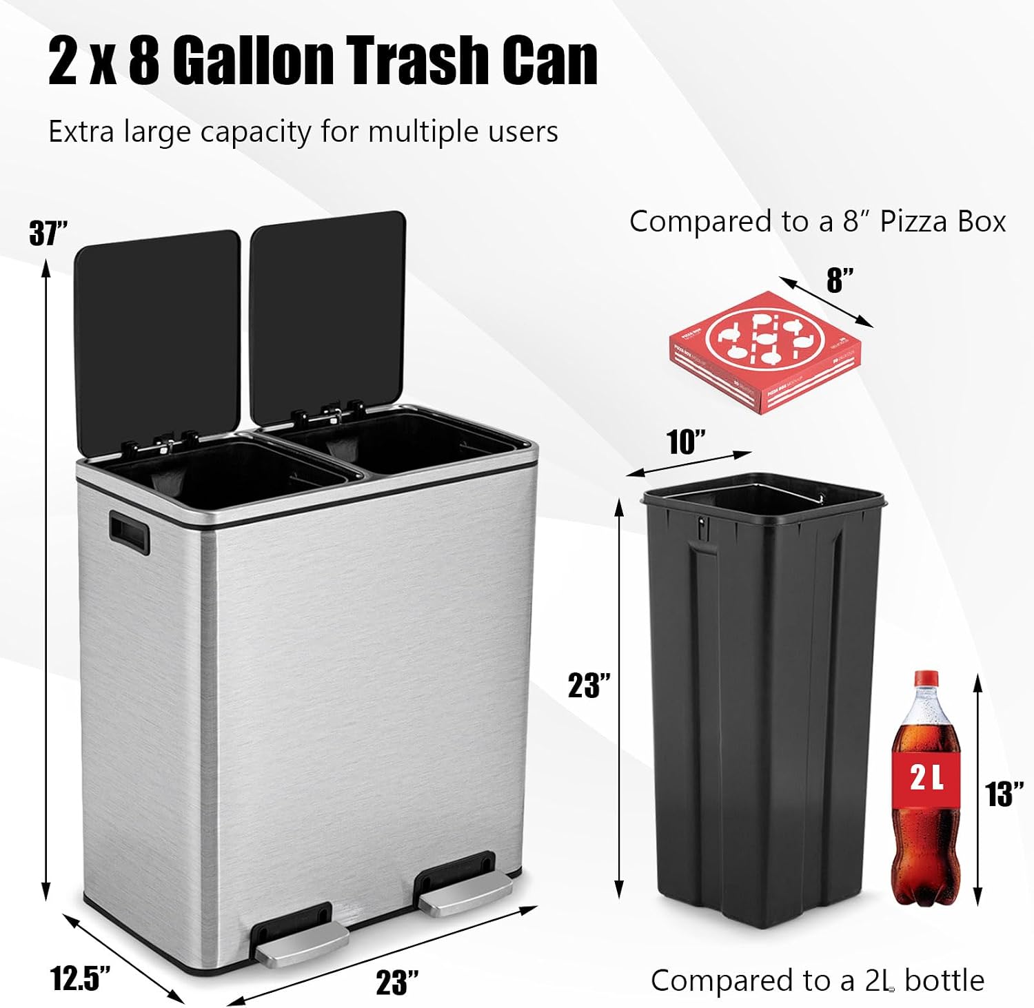 Goplus Kitchen Trash Can, 2 x 8 Gallon (2 x 30 L) Dual Garbage Can with Inner Buckets, 2 Compartments and Hinged Lids, Stainless Steel Trash and Recycling Bins for Kitchen, Office Home Use