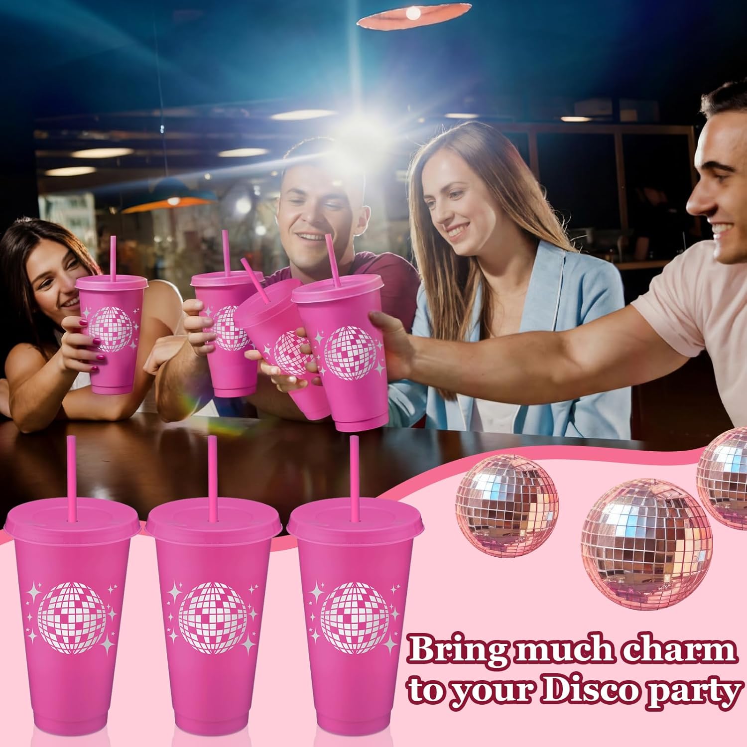 16 Pcs Disco Party Favors 24 oz Disco Ball Cups with Lids and Straws Reusable Plastic Bachelorette Cup 70s 80s 90s for Cowgirl Birthday Wedding Bridal Shower Dance Party Supplies (Rose Red)