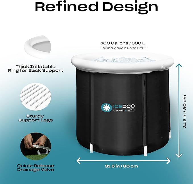 Portable Recovery Pod XL, Cold Plunge Ice Bath Tub for Athletes and Adults, Inflatable Cold Therapy Ice Barrel with Protective Lid Cover, Hooded Bathrobe, Stopwatch, Anti-Slip Mat