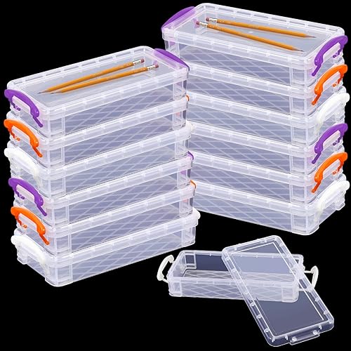 Miniatura 4 de Paquete de 12 cajas de lápices transparentes de gran capacidad, 8.5 pulgadas, 3 colores, apilables, con pincel transparente, caja de almacenamiento,