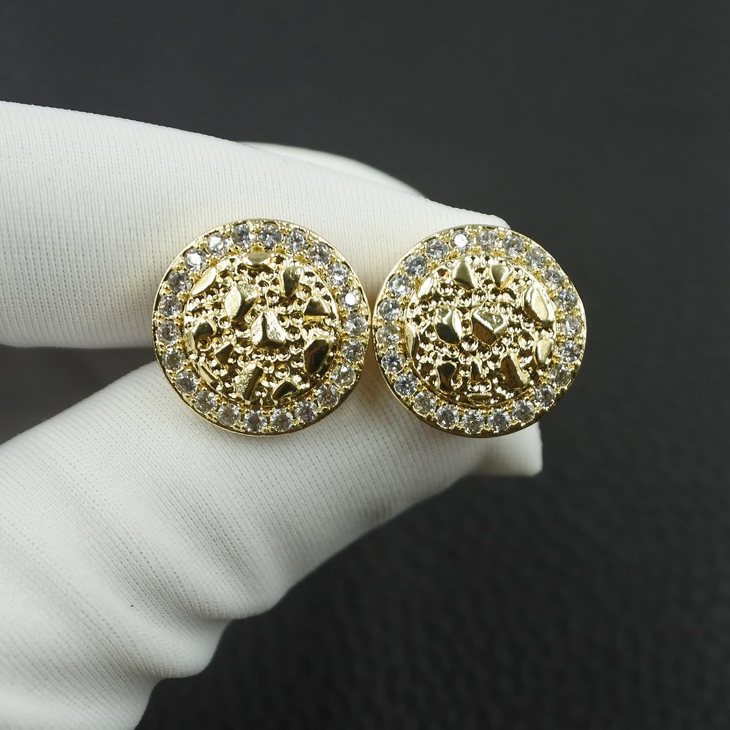 14K Gold Plated Nugget Earrings For Men Women,Round Textured Cookie Nugget Stud Earring,Hip Hop Cubic Zirconia Round Shape Studs Gold - Image 5