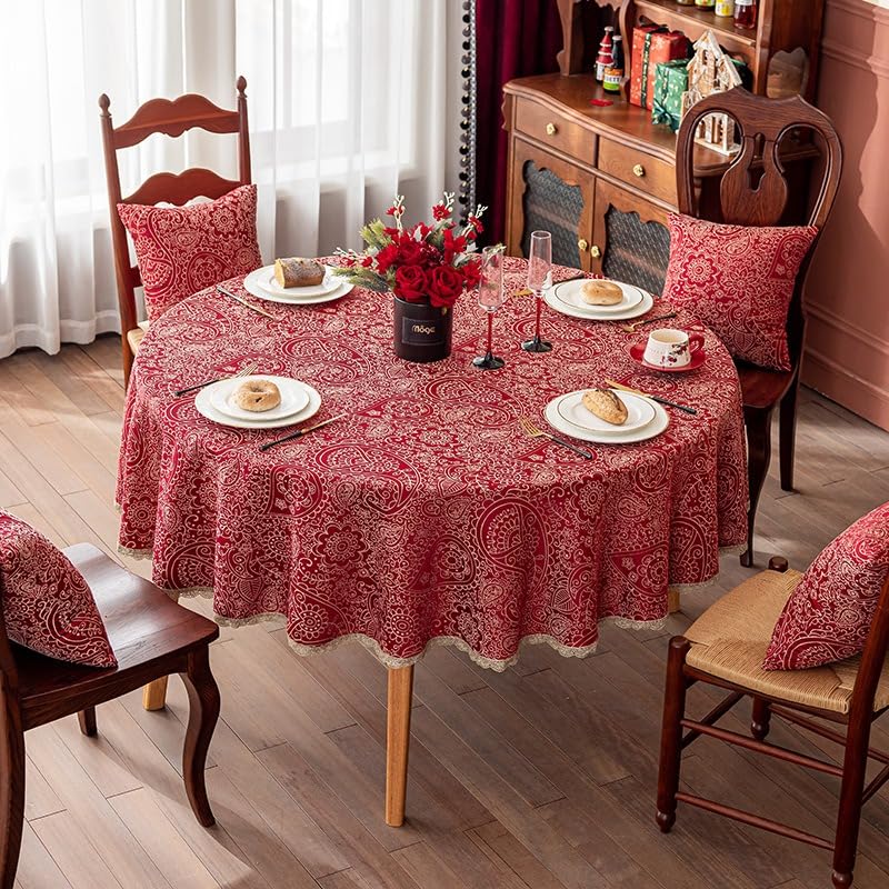 Clothfuna Nappe rouge cachemire motif floral ethnique, nappe de table ronde en jacquard avec bord en dentelle dorée pour table à manger, fête de mariage,...