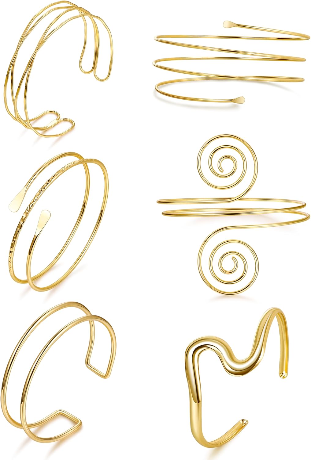 6Pcs Arm Cuff Gold Upper Arm Cuff Bracelet for Women Adjustable Open Cuff Bangle Minimalist Coil Swirl Armlet Armband Jewelry Set