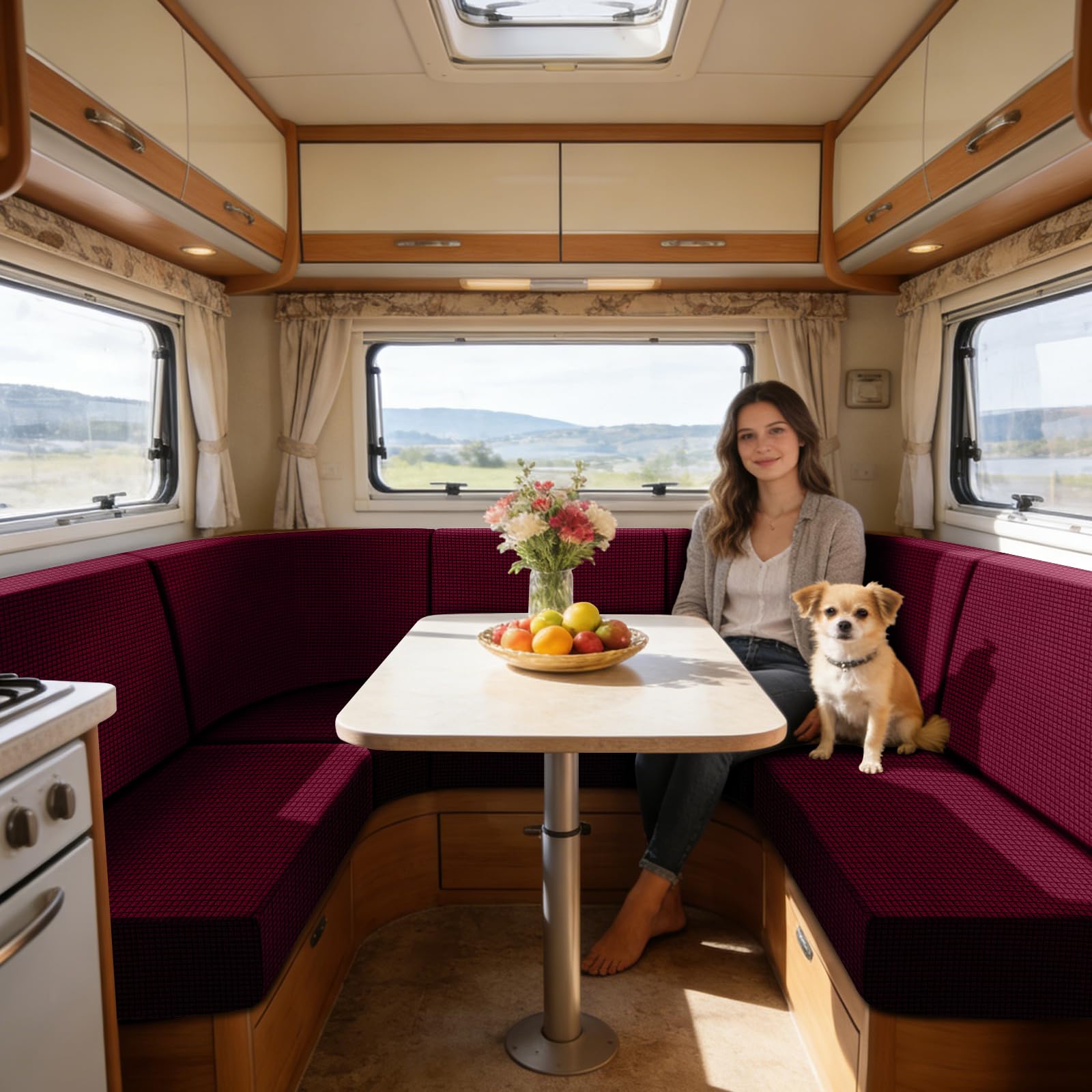 SYLC Caravan Seat Cover Stretch Jacquard, Non-slip RV Dinette Cushion Covers with 2 Straps, Couch Cushion Covers for Camper Sofa Bench (Wine red,Corner seat)