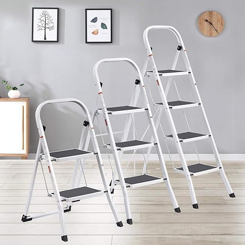 Miniatura 9 de TOOLF Escalera de 3 escalones con asa, taburete plegable de acero con pedal ancho antideslizante, escalera resistente para el hogar, oficina, puerta
