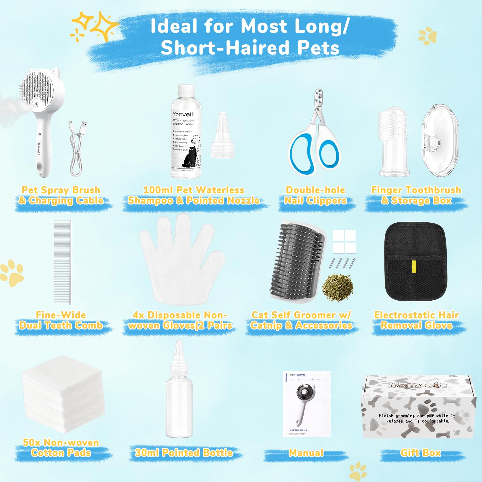 10in1 Pet Mist Spray Brush for Cat & Dog, Hair Health & Grooming Set with 100ml Waterless Shampoo, Nail Clippers, Toothbrush, Comb, Cat Scratcher with Catnip, Eye Ear Paw Dry Wipes & Gloves, Gift-Set - image 7