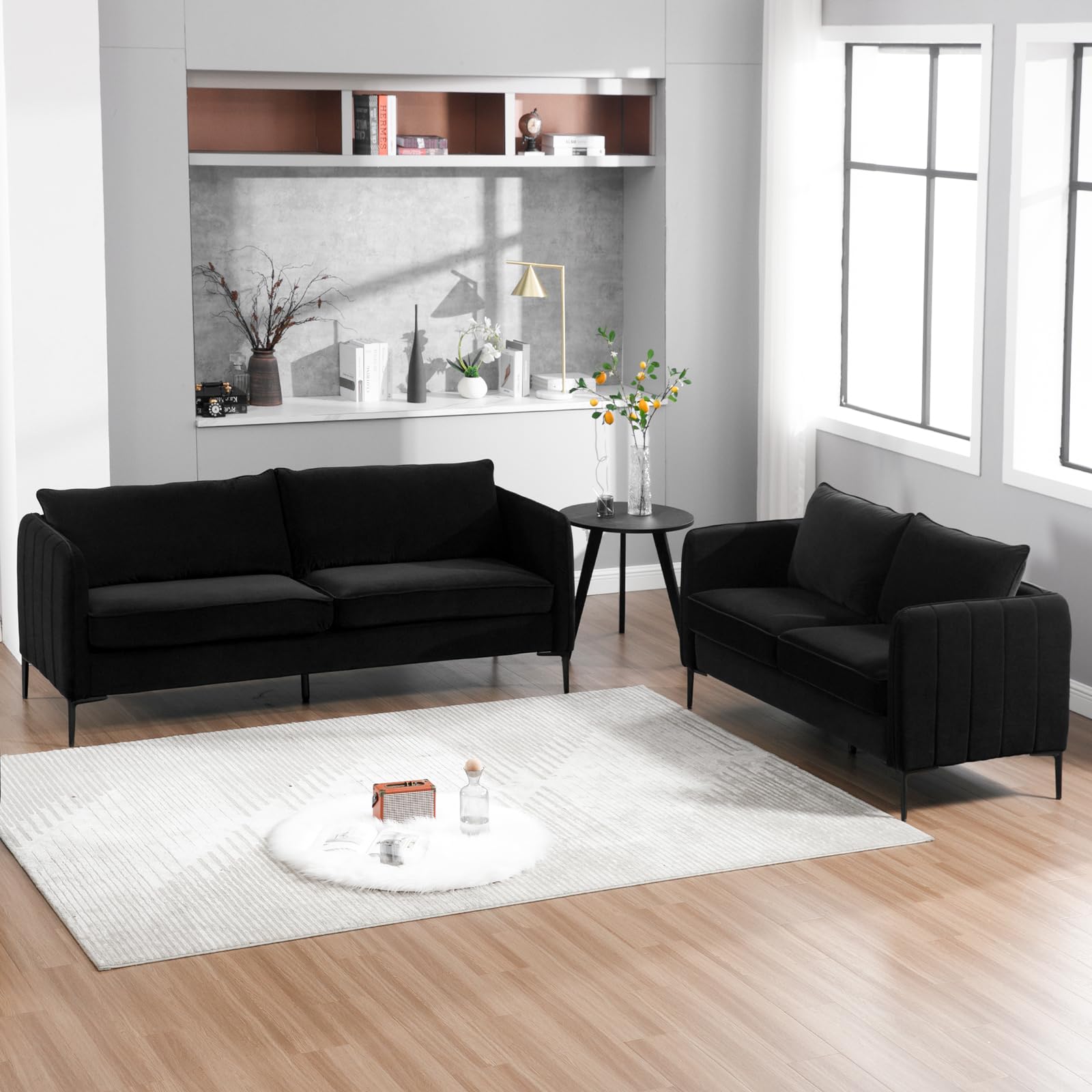 Modern Living Room Furniture Sets, 2 Piece Couch Set - Velvet Black Loveseat and 3 Seater Couch - Comfy Sofa with Upholstered Pillow/Cushion for Bedroom, Office, Apartment