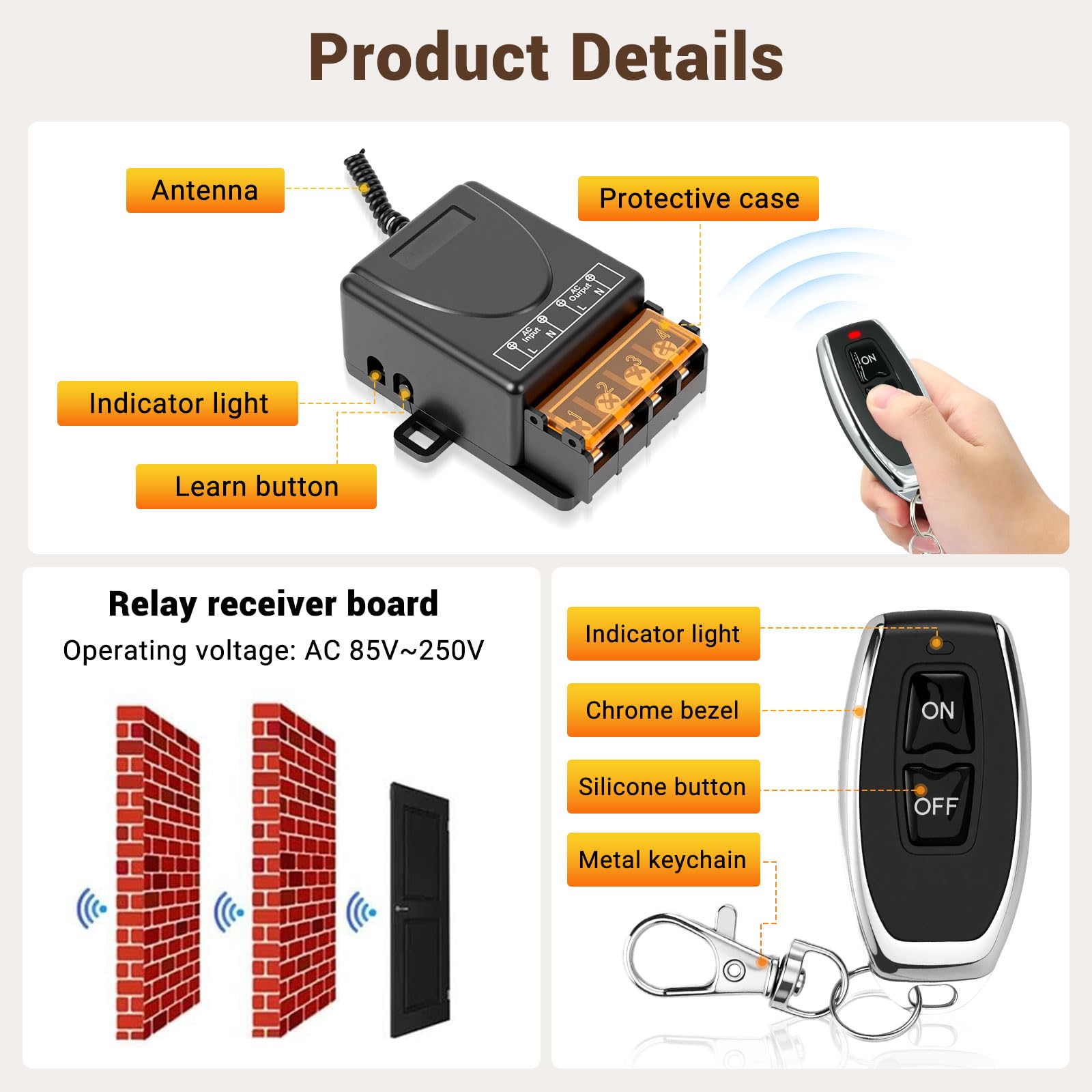 Interruttore telecomando radio AC 220 V 230 V 30 A relè ricevitore con 2 trasmettitori, controllo radio RF per luce, pompa dell'acqua, elettrodomestici, irrigazione agricola e dispositivi elettrici