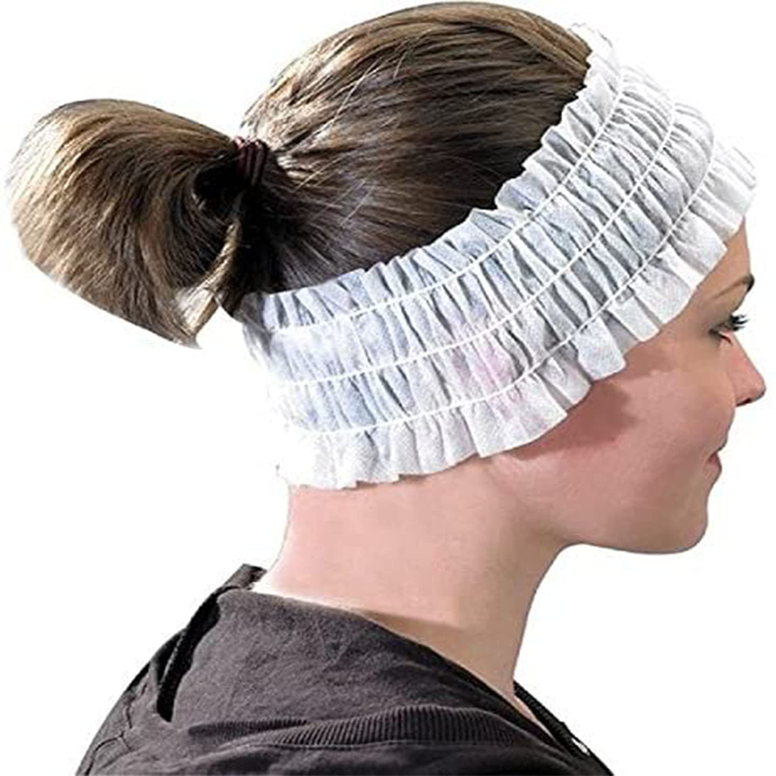 BROILLIANNT 100pcs Disposable Spa Headbands, Soft Non-Woven Facial Hair Band, for Facial, Spa, Tanning, Make-Up, Salon, Sauna, Aesthetic Treatments (White)