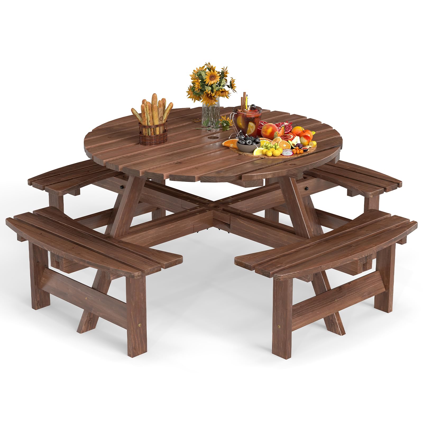 GIANTEX Mesa de Picnic con 4 Bancos para 8 Personas, Mesa de Comedor de Madera de Abeto con Agujero de Sombrilla, 179 x 179 x 70 cm, Juego de Muebles para Patio, Jardín, Terraza (Marrón)