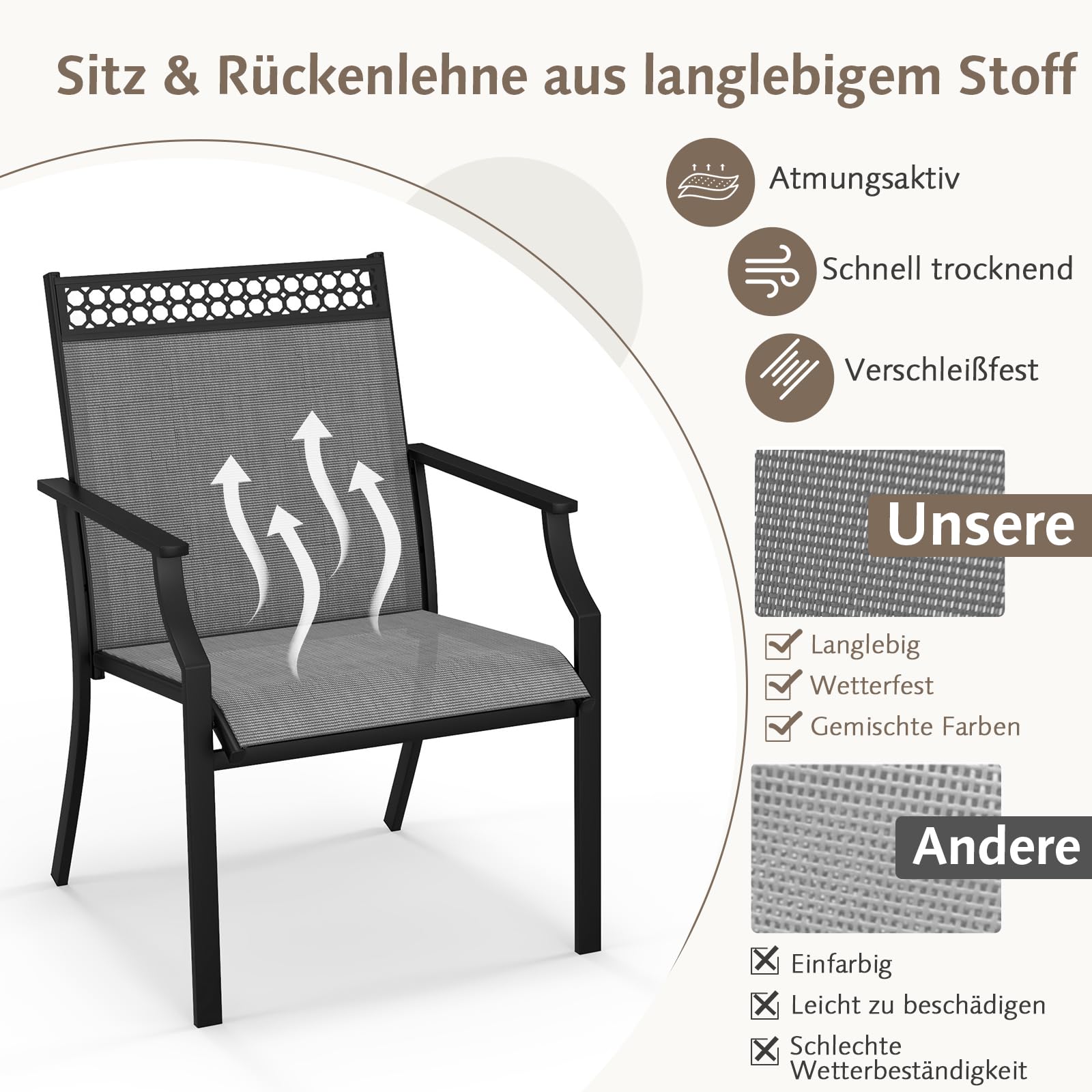COSTWAY 2er Set Gartenstühle, Terrassenstühle mit breiter Sitzfläche & schnell trocknendem Stoff, Balkonstühle, Outdoor-Stühle bis 150 kg belastbar, für Garten, Balkon, Poolbereich (Grau)