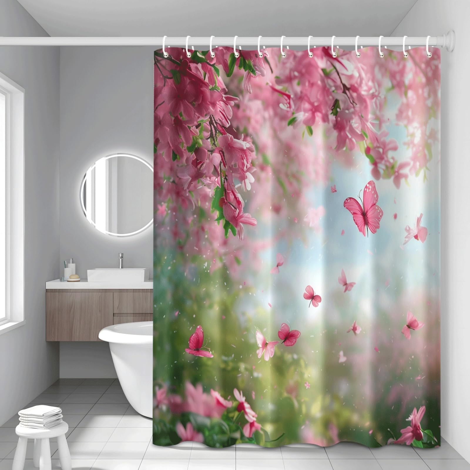 Shower Curtain Green Pink Mould Resistant Shower Curtains for Bathroom Washable Polyester Bathroom Curtains Decor Wet Room Quick Dry Anti Mould Bath Curtain with 12 Hooks 200x220cm