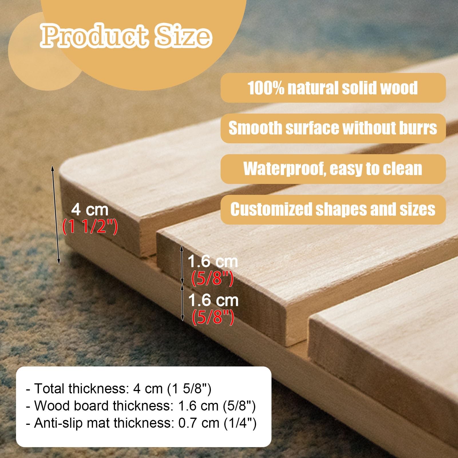 Alfombrilla de ducha de madera con almohadillas antideslizantes y asa, tamaño personalizable para una tabla de drenaje de baño estable (20 x 30 pulgadas)