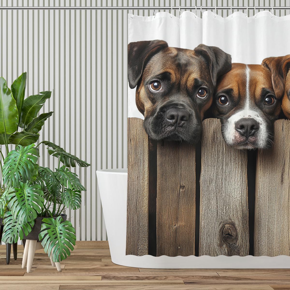 Boxer Dog Shower Curtain Farmhouse Western Rustic Shower Curtain for Bathroom Set Wooden Retro Fabric Shower Curtain for Bathtub 72x72 Inch with Hooks