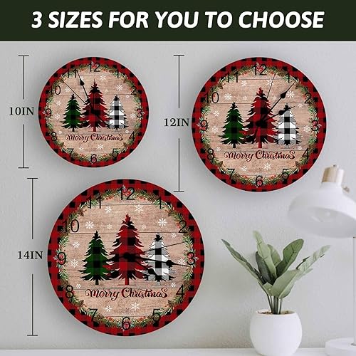 Miniatura 6 de Reloj de pared de PVC silencioso de Navidad de 10 pulgadas, reloj de pared redondo de búfalo rojo y negro a cuadros, árbol de Navidad, copo de