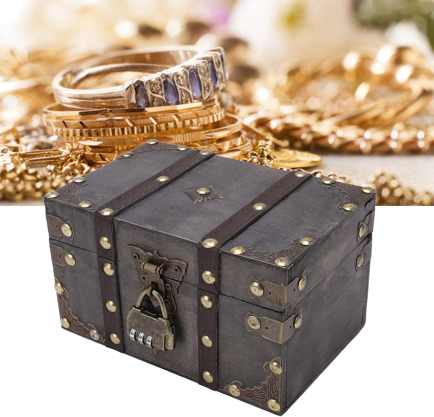 Vintage Wooden Chest, Pirate Treasure Chest with Iron Lock, Keepsake Boxes with Lids Storage and Decorative Box Jewelry Box for Home Decor Photo Prop 7.09 x 4.53 x 4.06in