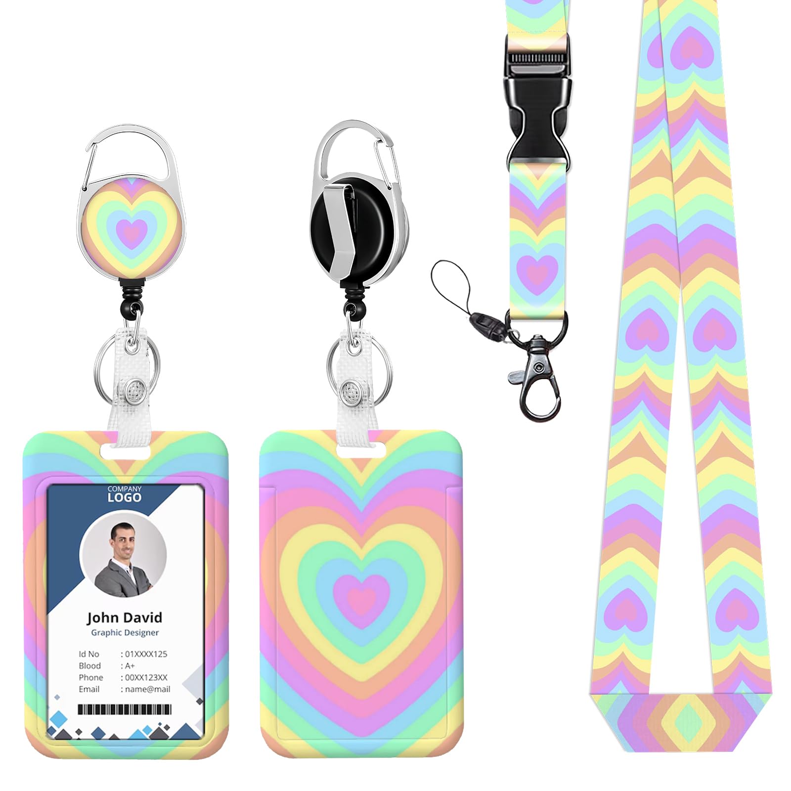 ID Badge Holder with Lanyard Pastel Rainbow Heart Retractable Reel Lanyards for ID Badges Name Tag Clips Funny Nurse Teacher Office Student Gift