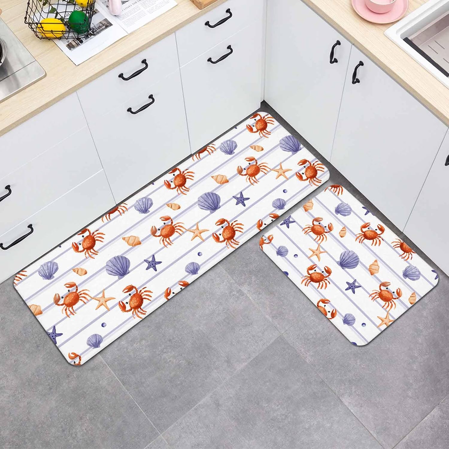 Ocean Marine Life Kitchen Mat Set 2 Pieces Nautical Sea Orange Crabs Starfish Purple Shell Wood Grain Non Slip Kitchen Rugs Washable Runner Rug Mats for Sink Laundry 23.6" x 35.4"+23.6" x 70.9"