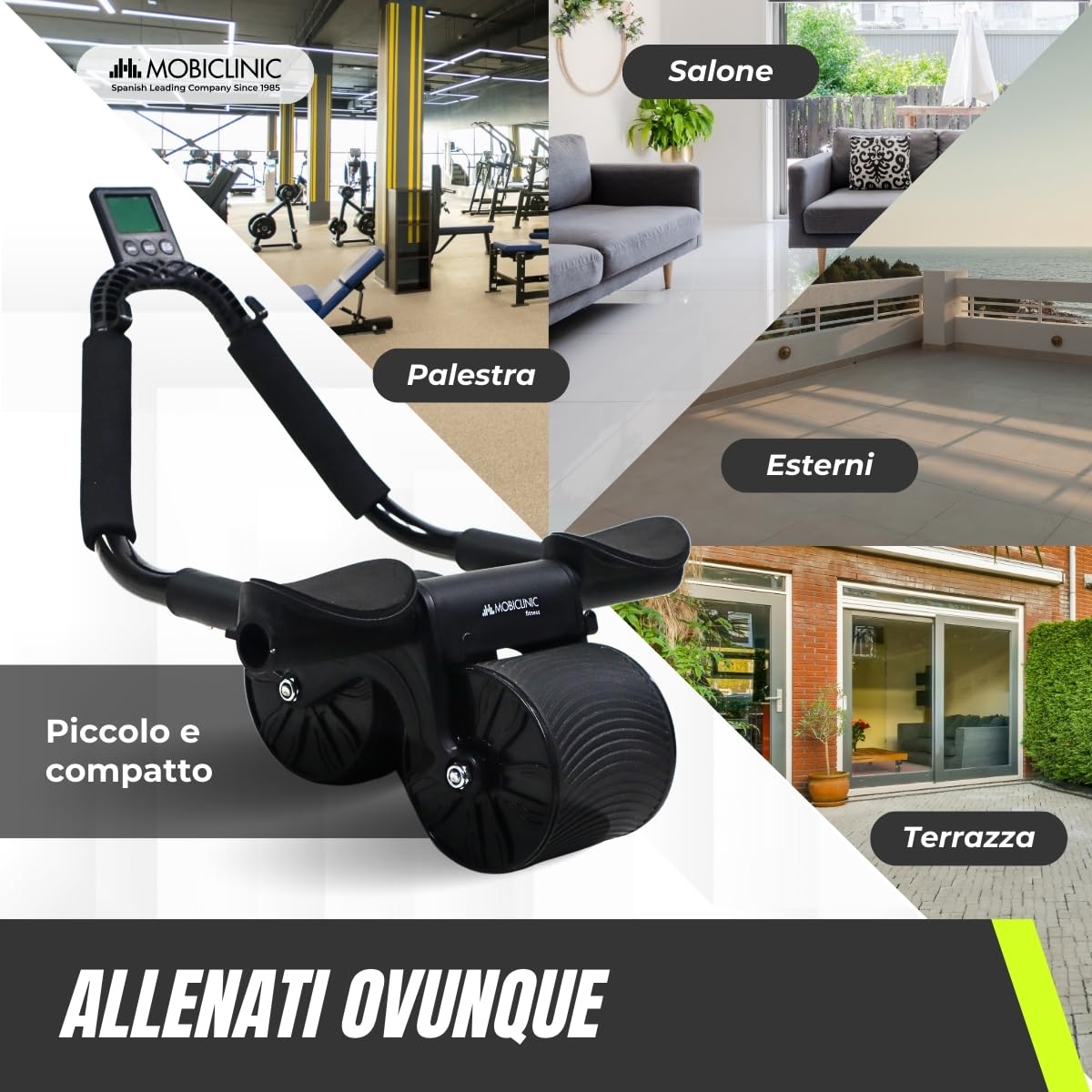 Mobiclinic®, Ruota addominale con rimbalzo automatico, Ab roller, Supporto per i gomiti, Timer digitale, Tappetino antiscivolo, Doppia, Portacellulare, Ra-02, Palestra domestica, Fitness