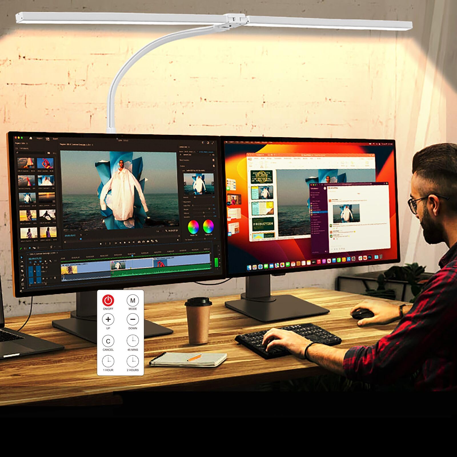 MACASA LED Desk Lamp for Office Dorm Home - Eye Caring Desk Light with Timer, Remote Control 24W Brightest Dual Screen Computer Monitor Gooseneck Dimmable Table lamp with Anti-Glare Cover Clamp