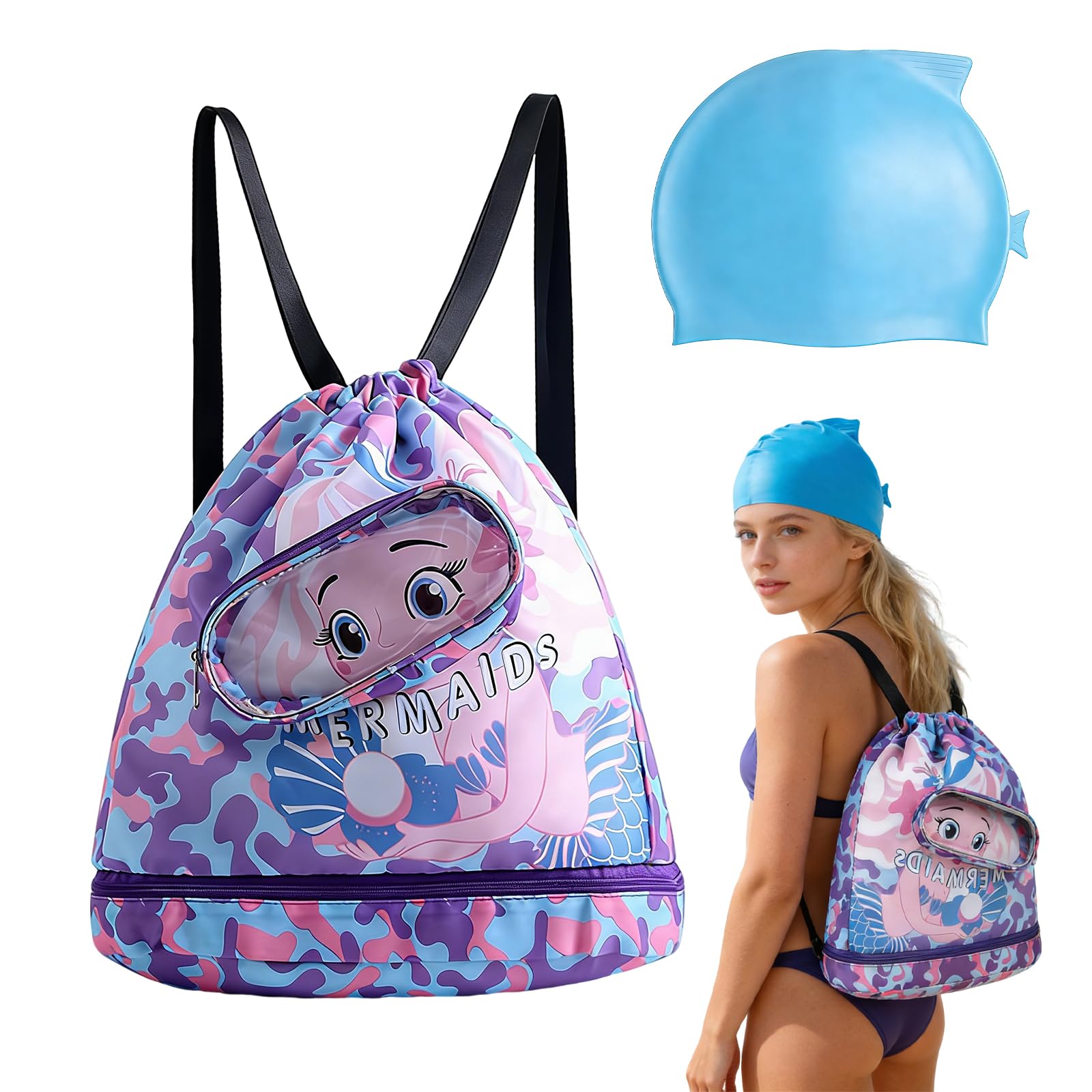 TOUKBEAU Mermaid Drawstring Bag with Swim Cap for Girls, Kids Storage Organizer for Toys & Travel, Multipurpose Beach Pool Bag with UPF50 Swimming Hat for Toddler Age 3-12 Years