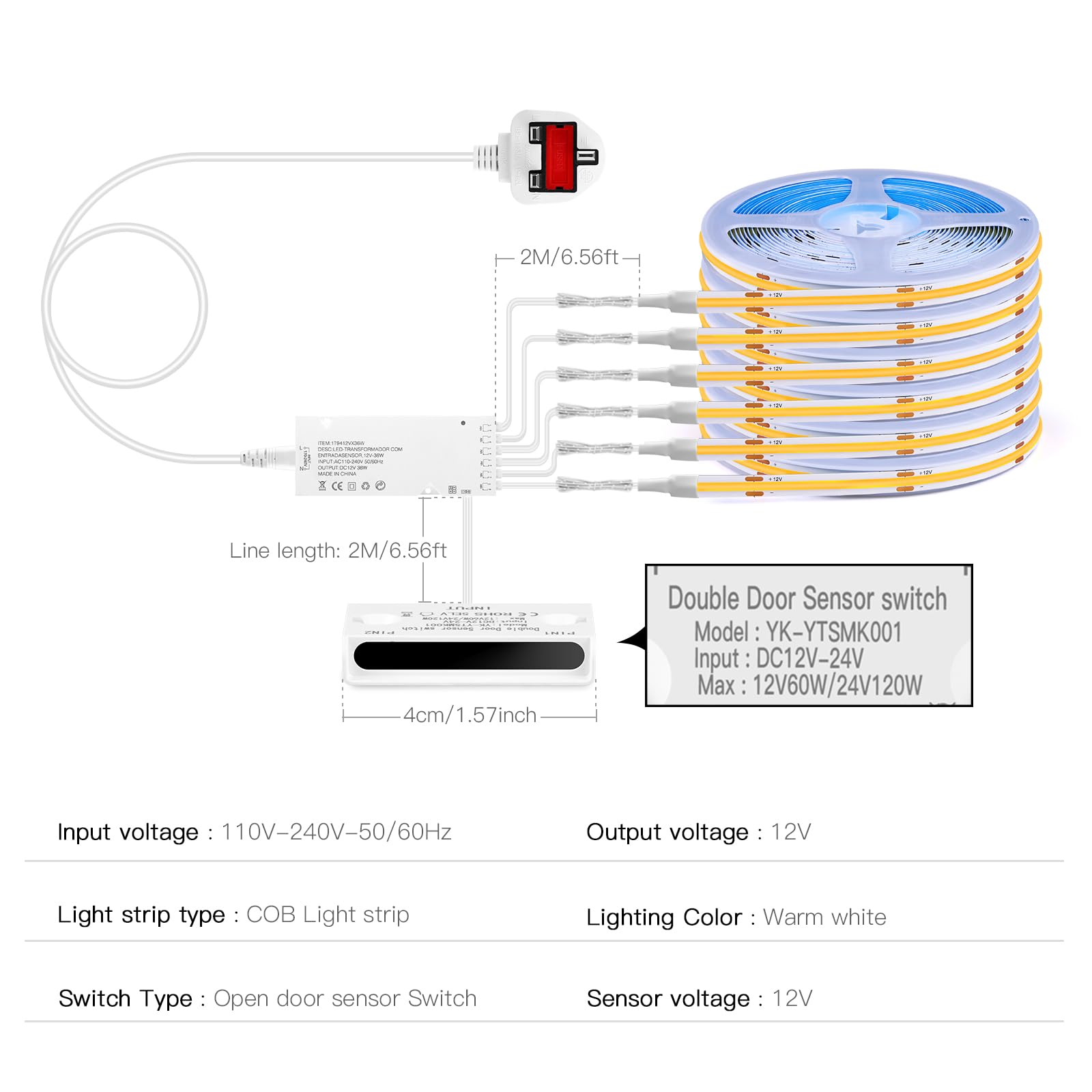 CHNMALITAI 12V Under Cabinet COB LED Strip,6 Roll 2M Warm White Led Strip Light with Open Door Motion Control Sensor Kit for Cabinet Showcase Kitchen Lighting - Image 2