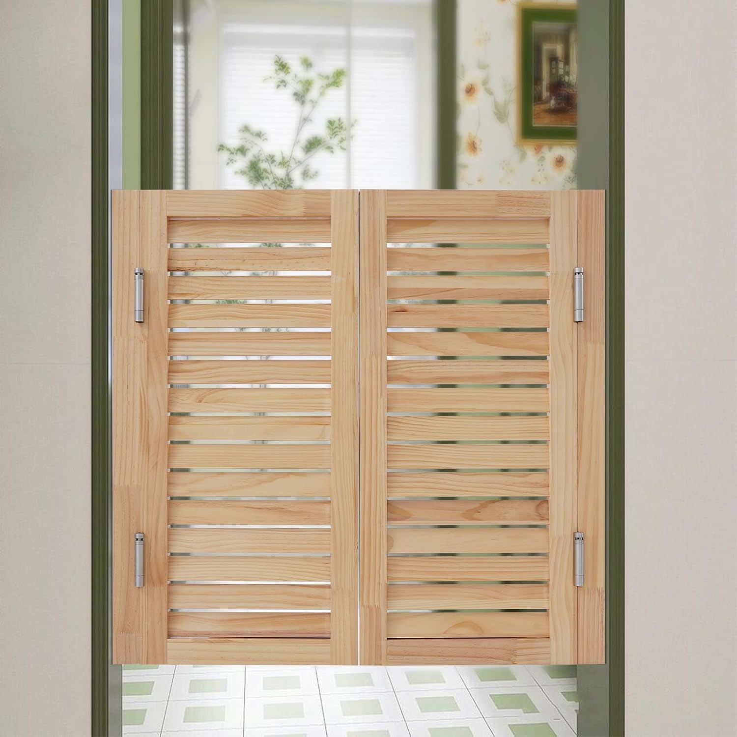 Saloon Swinging Doors, 36" W x 36" H Solid Wood Double Swing Doors - Cafe Doors with Hardware for Kitchen, Bar & Pub Entrances, Wood Color