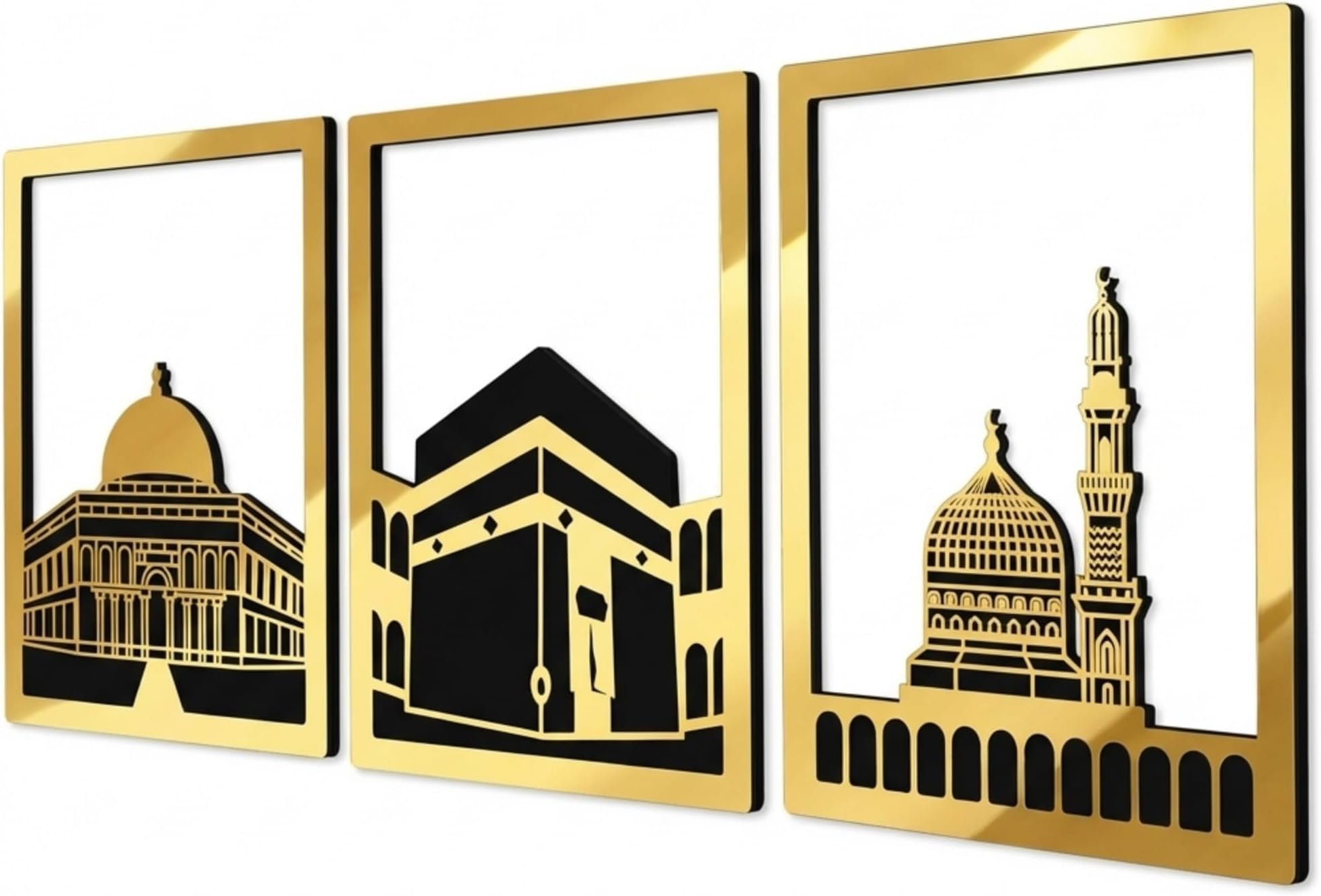 iwa concept Masjid Al Aqsa, Masjid Al-Haram & Masjid An-Nabawi Islamic Wall Art | Wooden Acrylic Kaaba Wall Decor | Ramadan Decoration | Muslim Gift | (Small, Gold | All Three)
