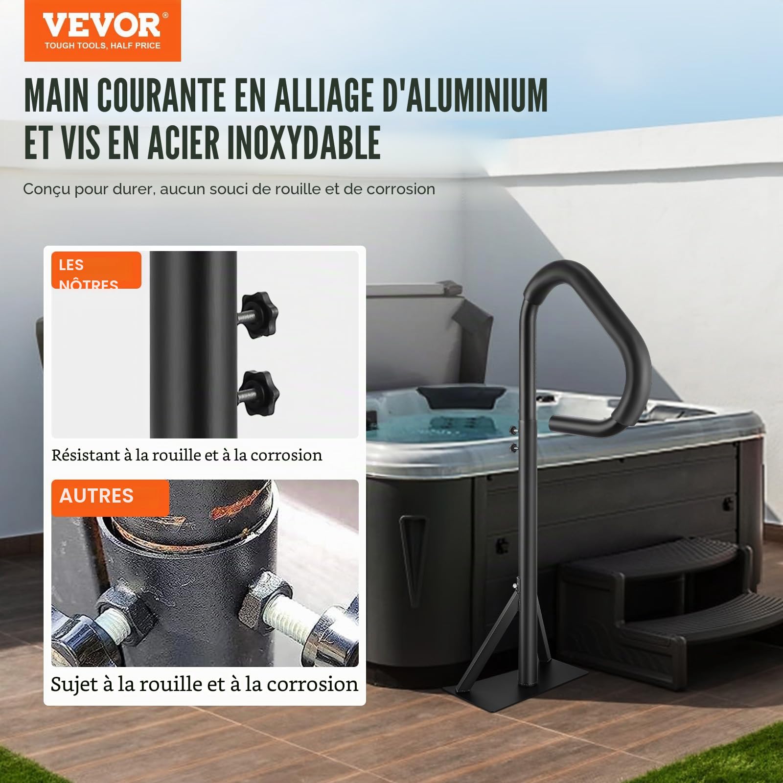 VEVOR Main Courante Spa 54,2x37x144,7 cm Rampe Escalier Sécurité Spa Rotative 360° Hauteur Réglable 89-144,7 cm Charge 272 kg Antirouille Aluminium Base de Montage Coulissante pour Intérieur Extérieur