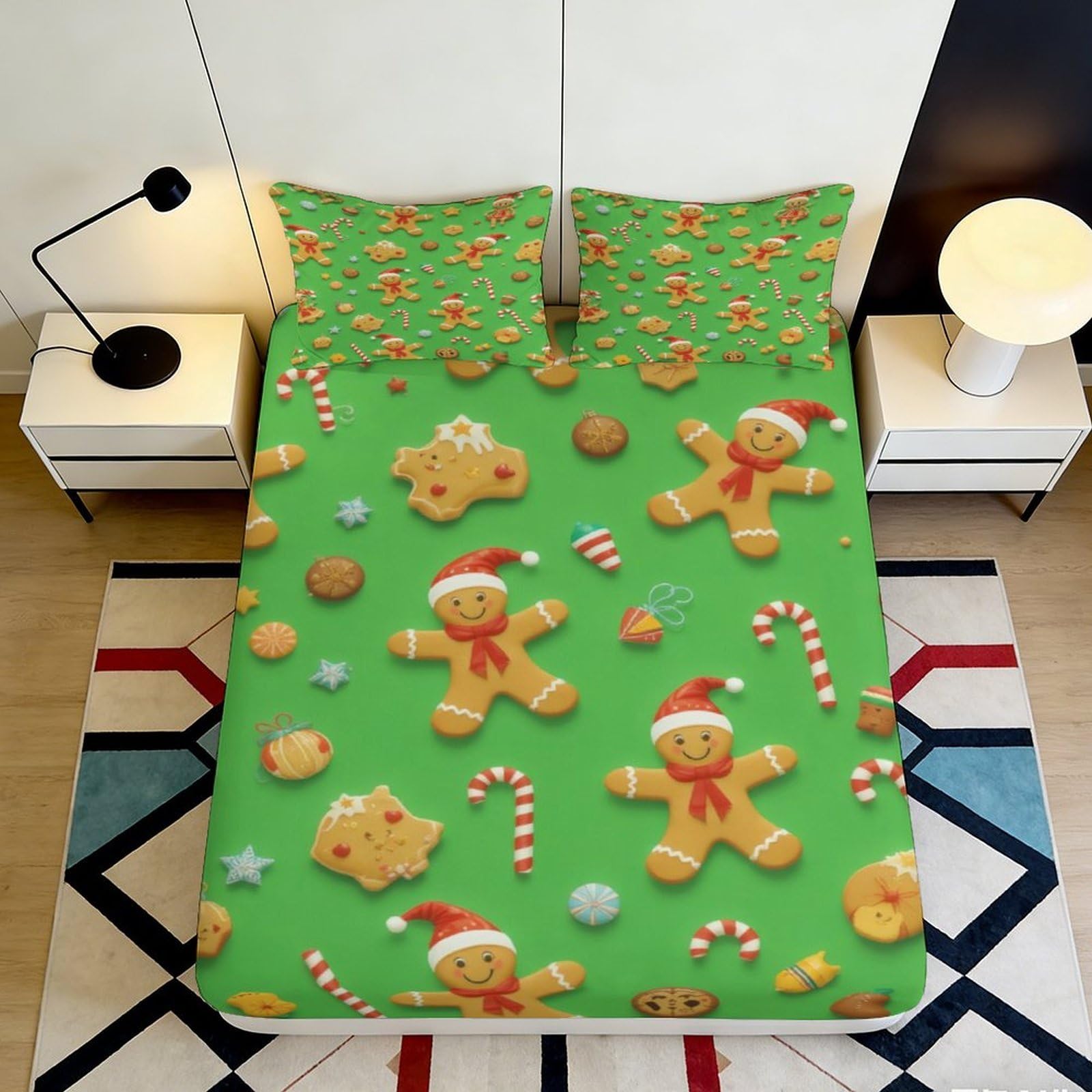 3D Printed Christmas Gingerbread Fitted Sheet Microfiber Soft Breathable Candy Cane Bed Cover for Bedroom Dormitory Guest Room Mattress Protection 160x200x25cm