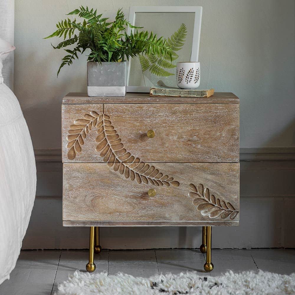 rustic wood side table with leaf carvings, 2 drawers, 55 cm x 35 cm x 55 cm, gold metal legs, side table, end table with storage and drawer