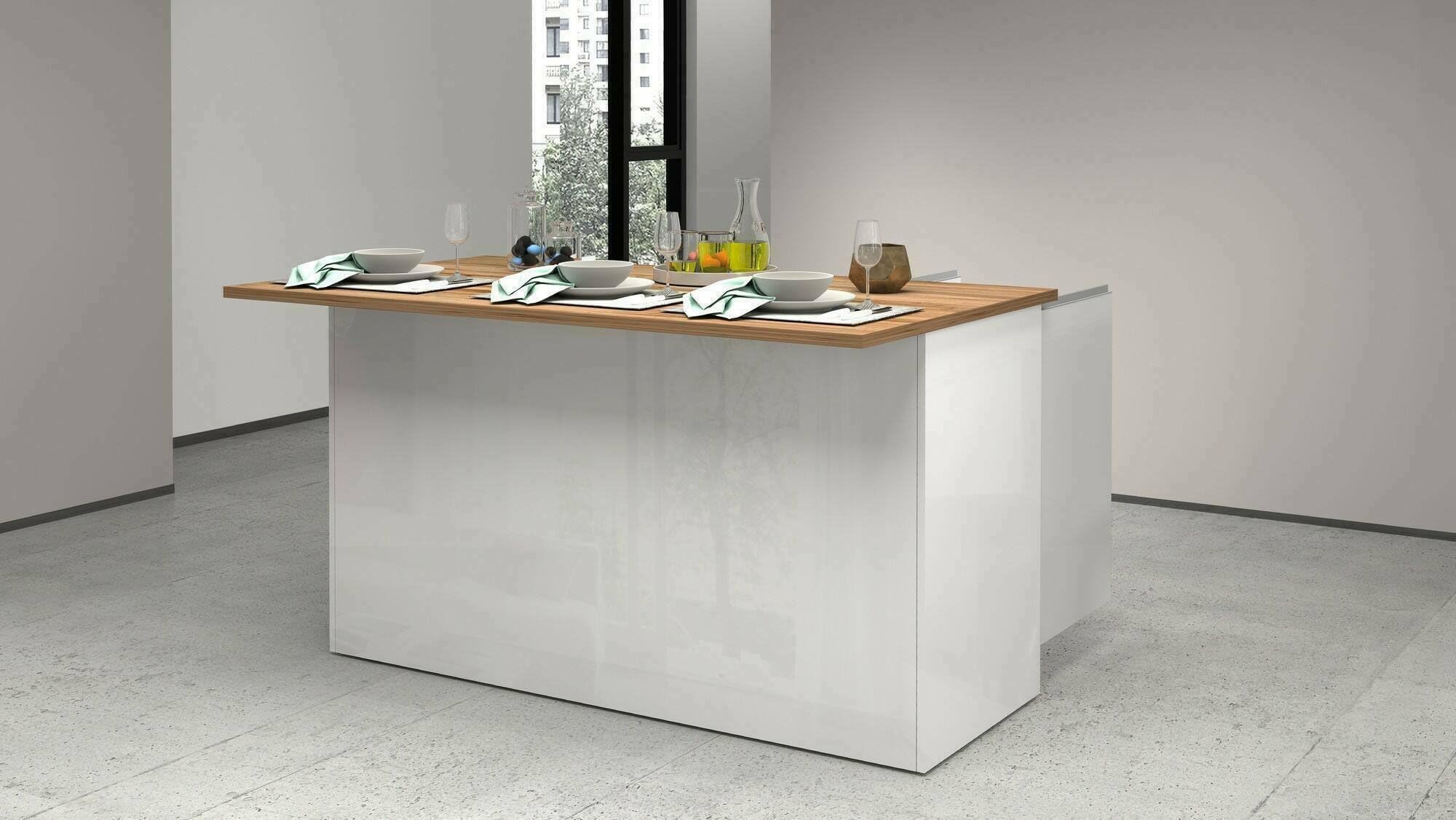 Dmora - Îlot de Cuisine Patrizio, Armoire Polyvalente, Meuble de kitchenette, Table auxiliaire, 100% Made in Italy, 155x90h90 cm, Blanc Brillant et chêne