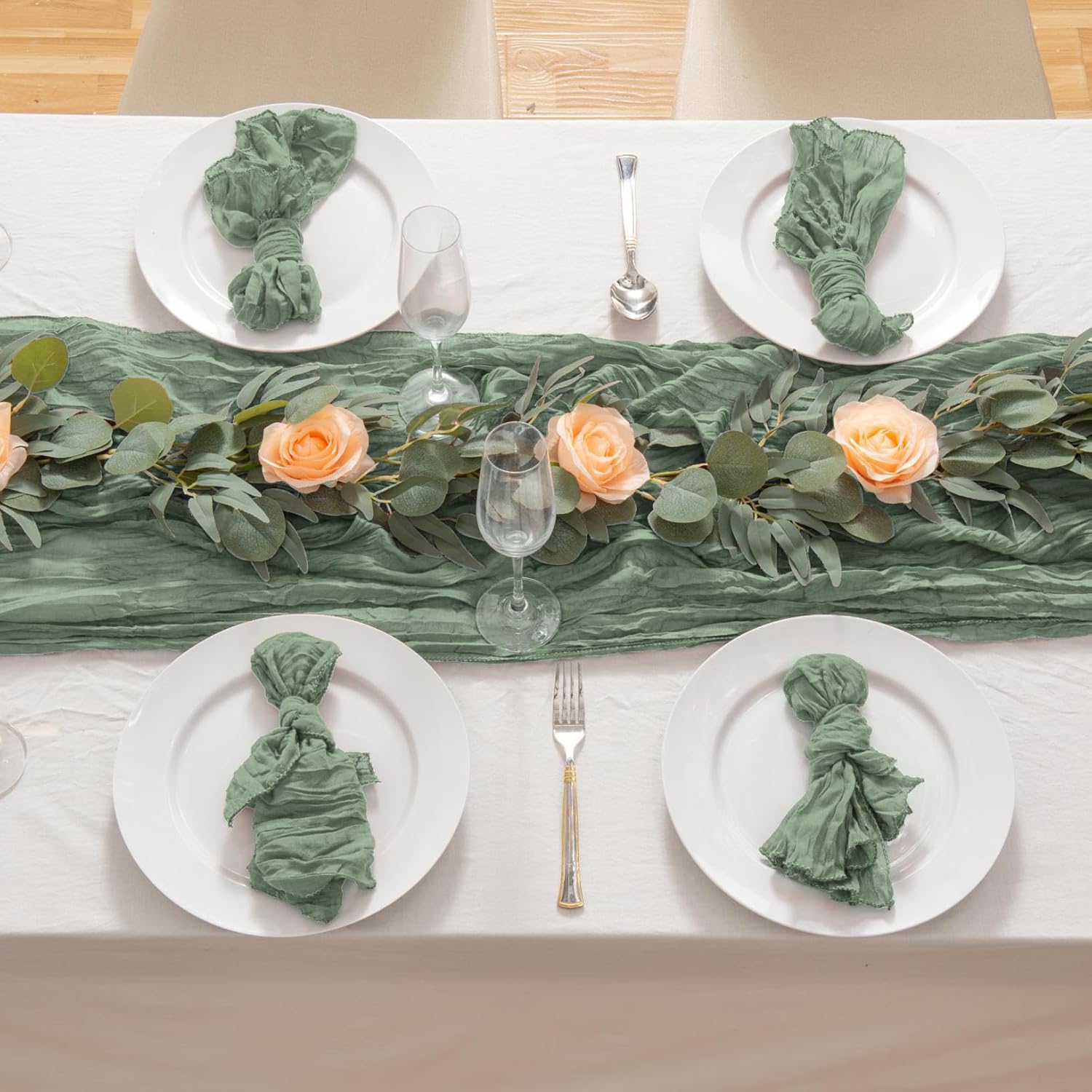 12 Pack Sage Green 10Ft Cheesecloth Table Runner 21x120 Inch Boho Wrinkled Sheer Romantic Gauze Decor for Wedding, Bridal Shower, Birthday Party