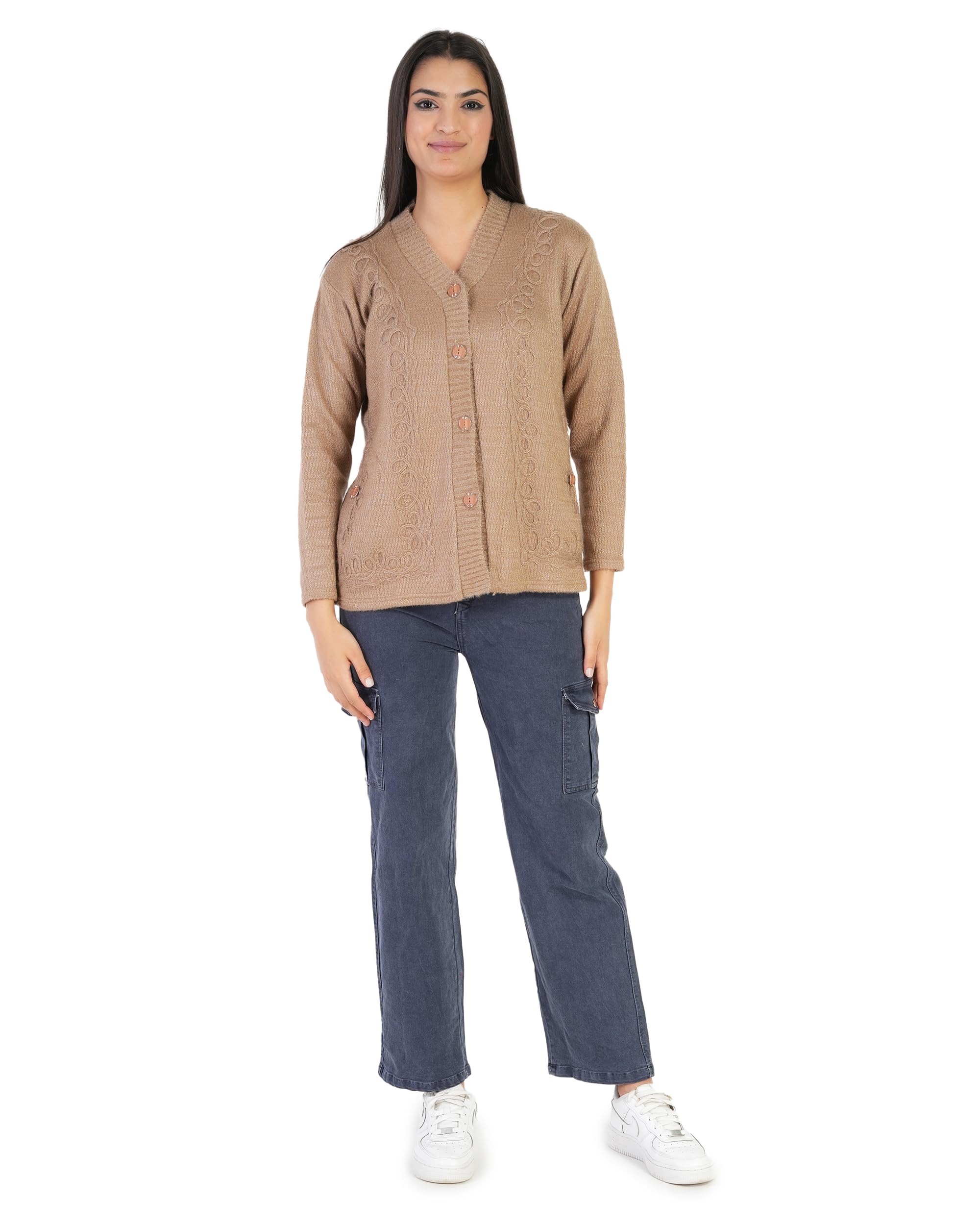 manra Women's Woolen V-Neck Buttoned Full Sleeve Cardigan Self Design Soft Wool Fabric Winter Wear Pure Wool Sweater Fully Warm with Front Pockets Stylish Cardigan (IN, Alpha, XL, Regular, DESERT TAN)-picture-22