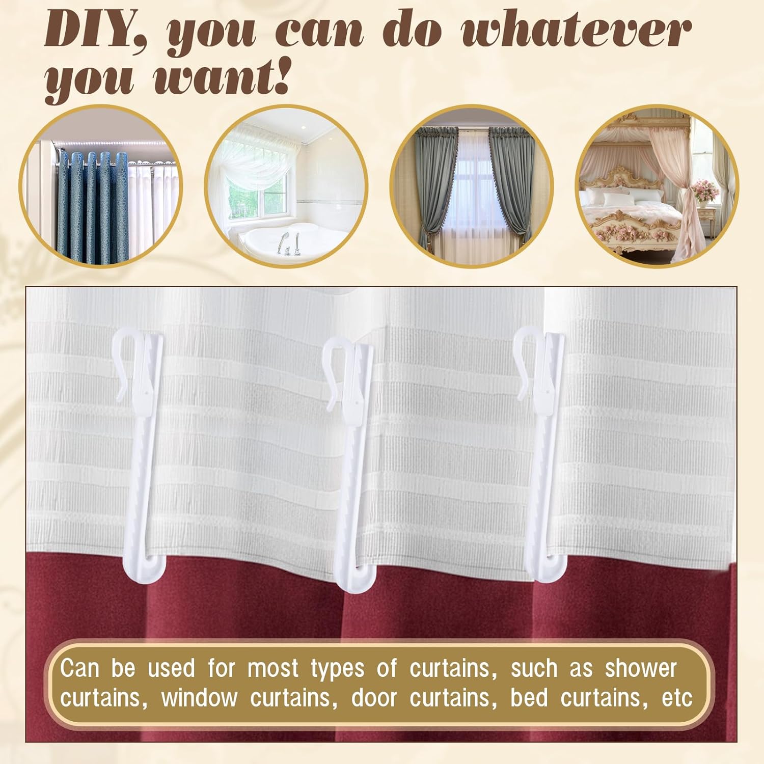 120 Pcs Adjustable Pinch Pleat Curtain Hooks, Plastic Curtain Hooks, White Ratchet System Pinch Pleat Curtains Hook for Window, Door，Shower, Dormitory