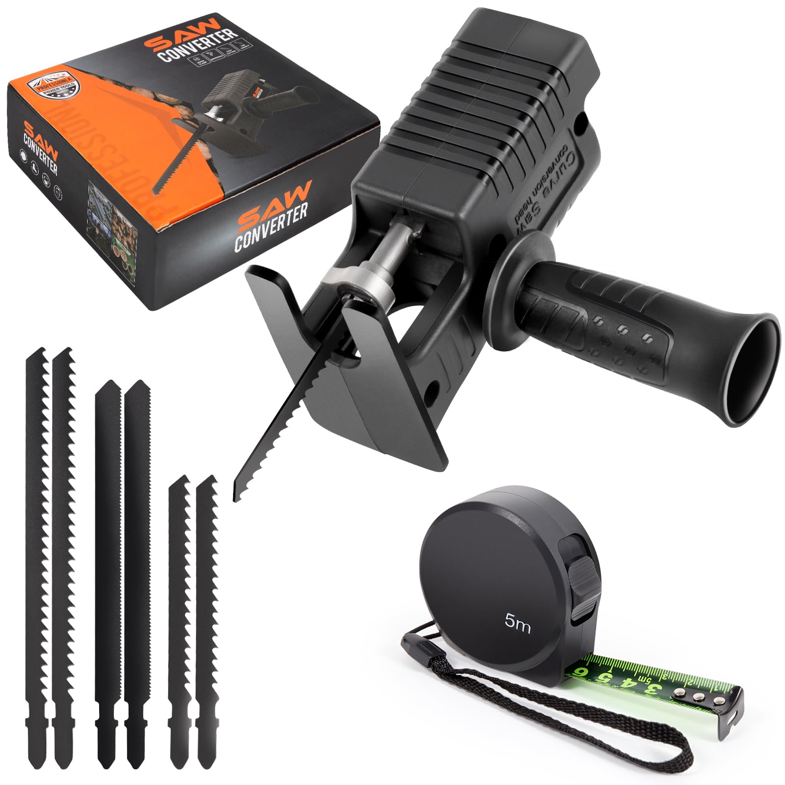 Electric Reciprocating Saw Adapter for Drill, Drill Saw Attachment, for Cutting Wood, Steel Pipe, Plastic, with 6 Sawblades&Fluorescent Tape Measure