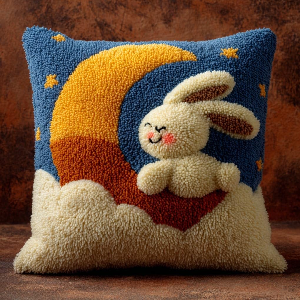 Henypt DIY Latch Hook Cushion Kit 43x43cm,Rabbit on the Moon Complete Needlecraft Set with Pre-Cut Yarn & Tools,Creative Home Decor Gift for All Ages