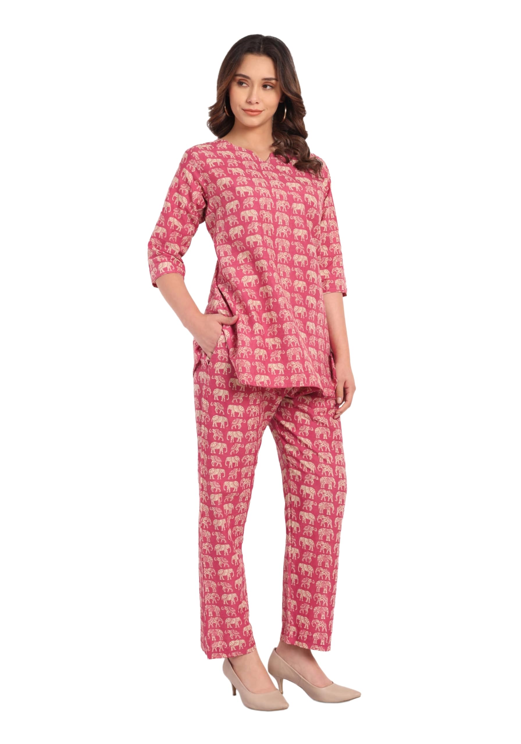 ream Women's Cotton Printed Night Suit, Pink Elephant Print, 3/4 Sleeve Top with Pajama, Comfortable Loungewear Set with Pockets-picture-10