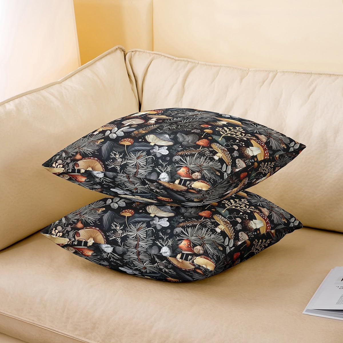 Feelyou Cute Mushroom Reversible Throw Pillow Covers 24 x 24-Inch Kids Wild Mushrooms Square Cushion Covers Set of 2 for Boys Girls Teens Kawaii Fungus Pillow Covers Mushroom Plants Throw Pillowcases
