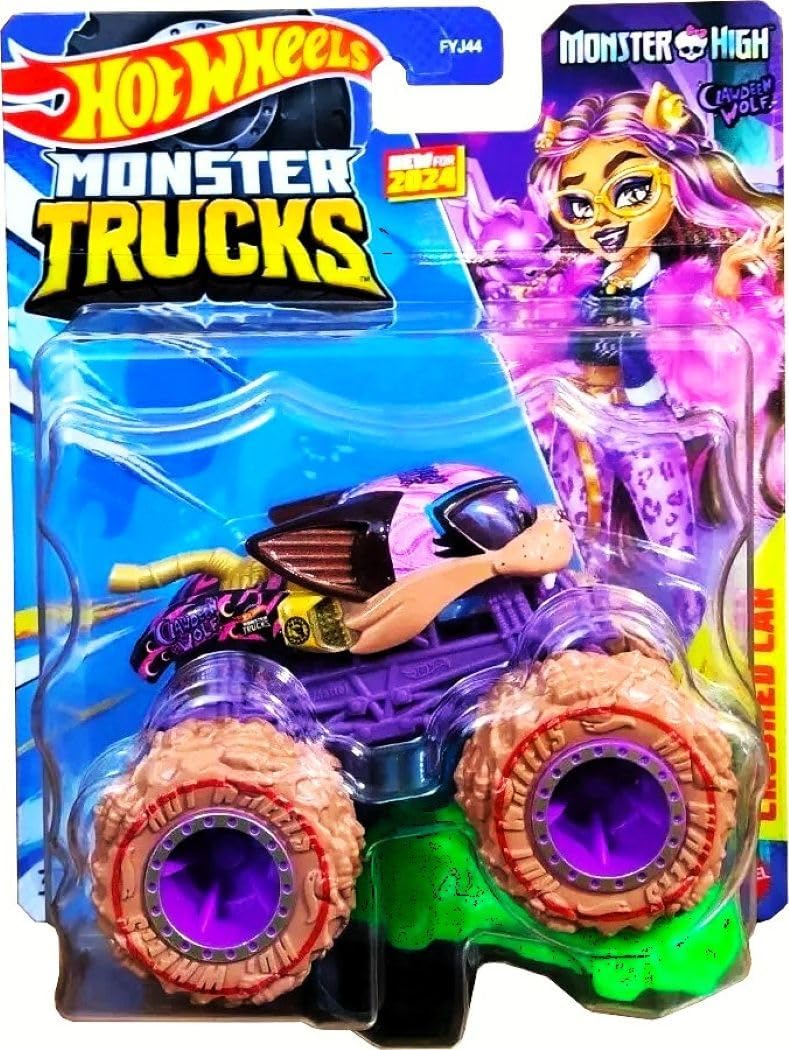 Hot Wheels Monster Trucks, Monster High Clawdeen Wolf with Crushed Car, Die-cast Vehicle
