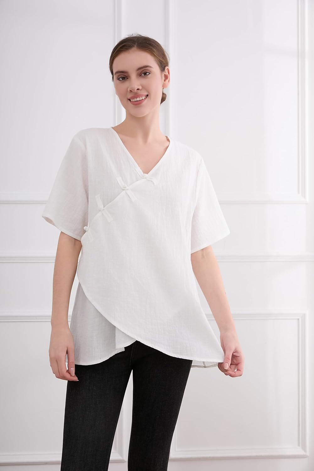 Minibee Women's Linen Retro Chinese Frog Button Tops Blouse - Image 5