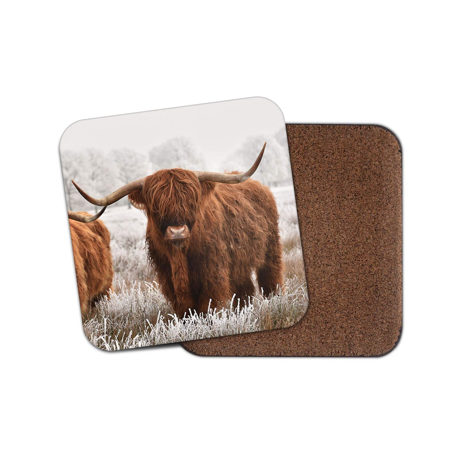 1 x Highland Cow Coaster - Cattle Scotland Hairy Fluffy Bull Snow Winter #14591