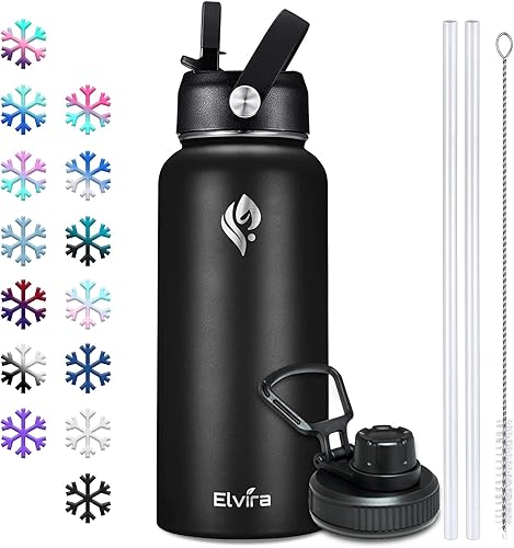 Elvira Botella de agua de acero inoxidable aislada al vacío de 32 onzas con tapa de popote y boquilla doble pared a prueba de sudor sin BPA para