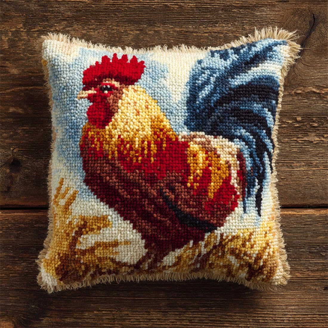Kitquiver Animal Latch Hook Cushion Craft Kits Colorful Rooster DIY Latch Hook Rug Kit for Beginners Embroidery Cushion Canvasfor Adult Beginners 17x17In
