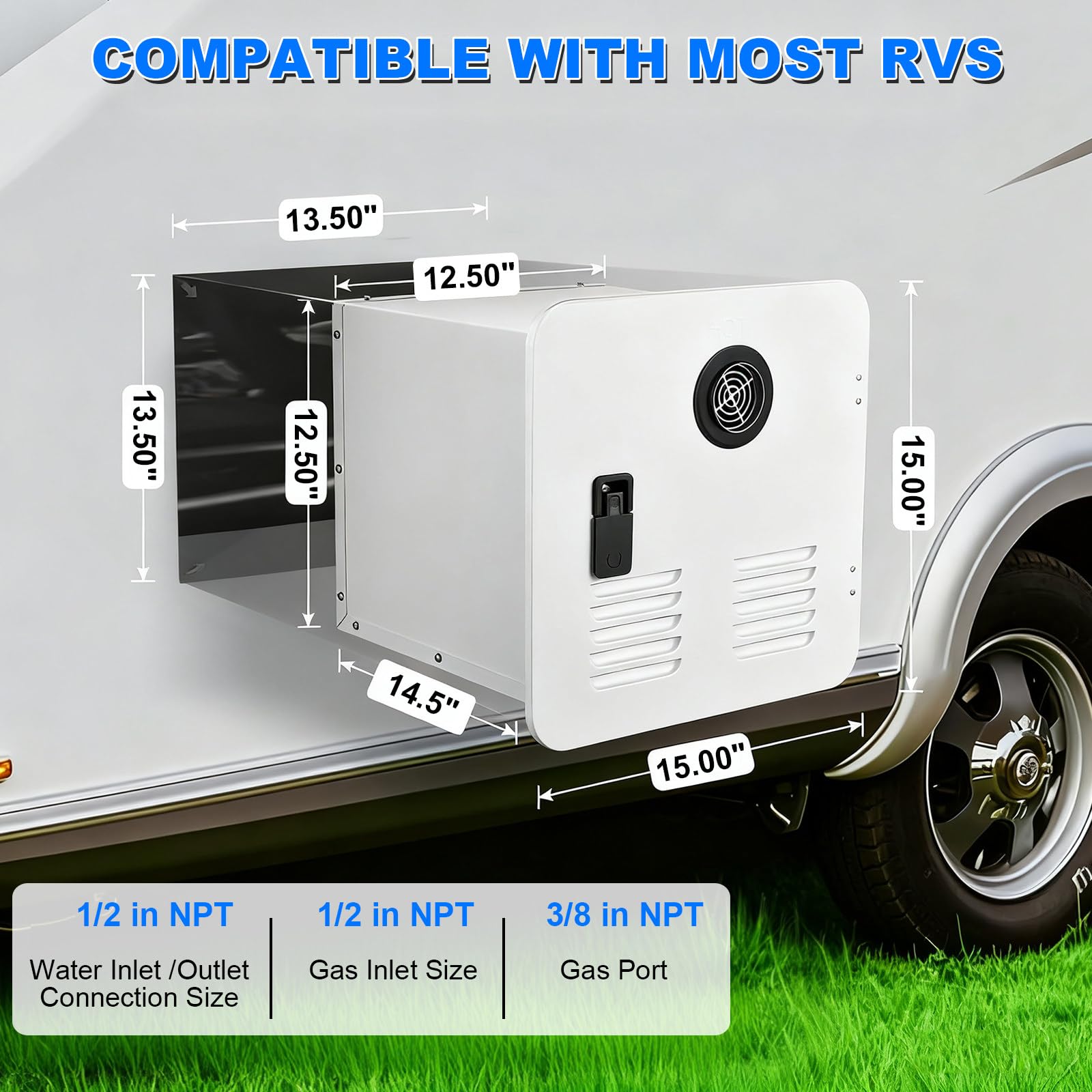 Durchlauferhitzer Für Wohnmobile | 55.000 Btu Wohnmobil-Warmwasserbereiter Mit 15x15-Zoll-Tür, 12 V Gleichstrom, Edelstahlbrenner Und Smart Panel Für Alle Wohnmobile/Camper Black