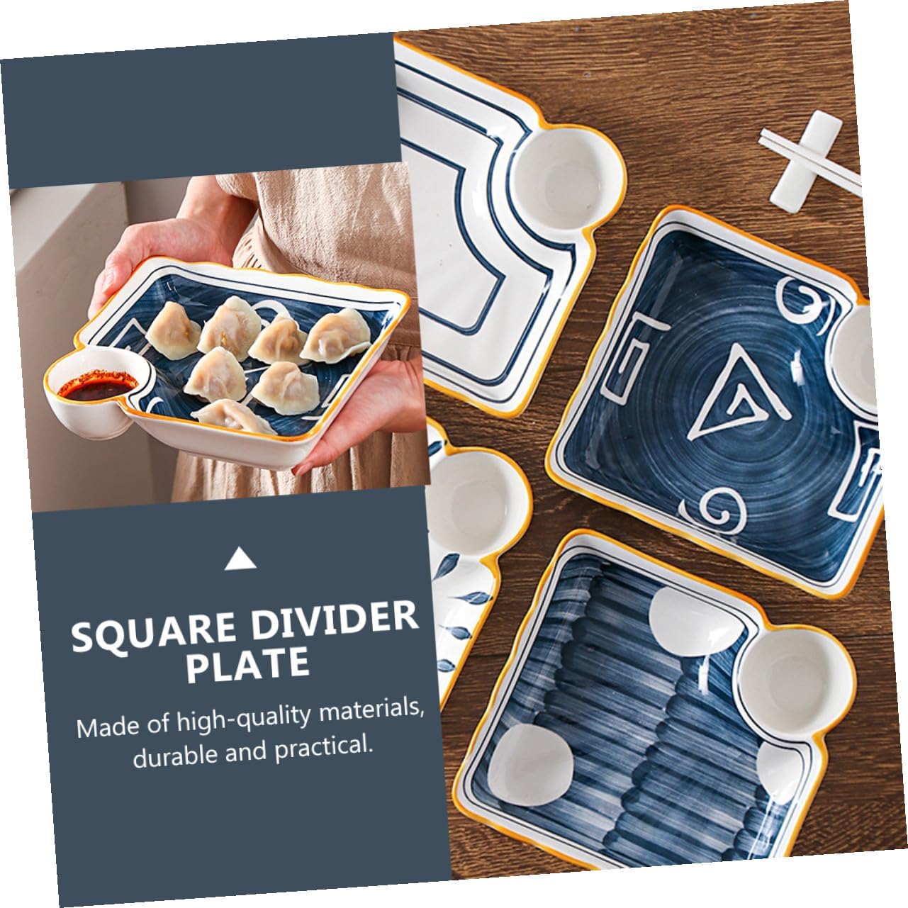 Ceramic Sushi Plate Set 4 Pcs Square Divider Plates Creative Dip Tray for Sushi, Salad, and Breakfast Serving Japanese Style Dinnerware for Home and Entertaining Random Color