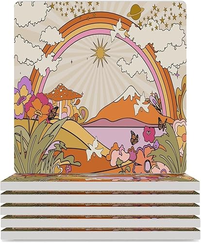 Miniatura 52 de Posavasos botánicos, posavasos redondos de cerámica redondos, 4 unidades, diseño de plantas vintage, diseño botánico de dibujos animados, hongos