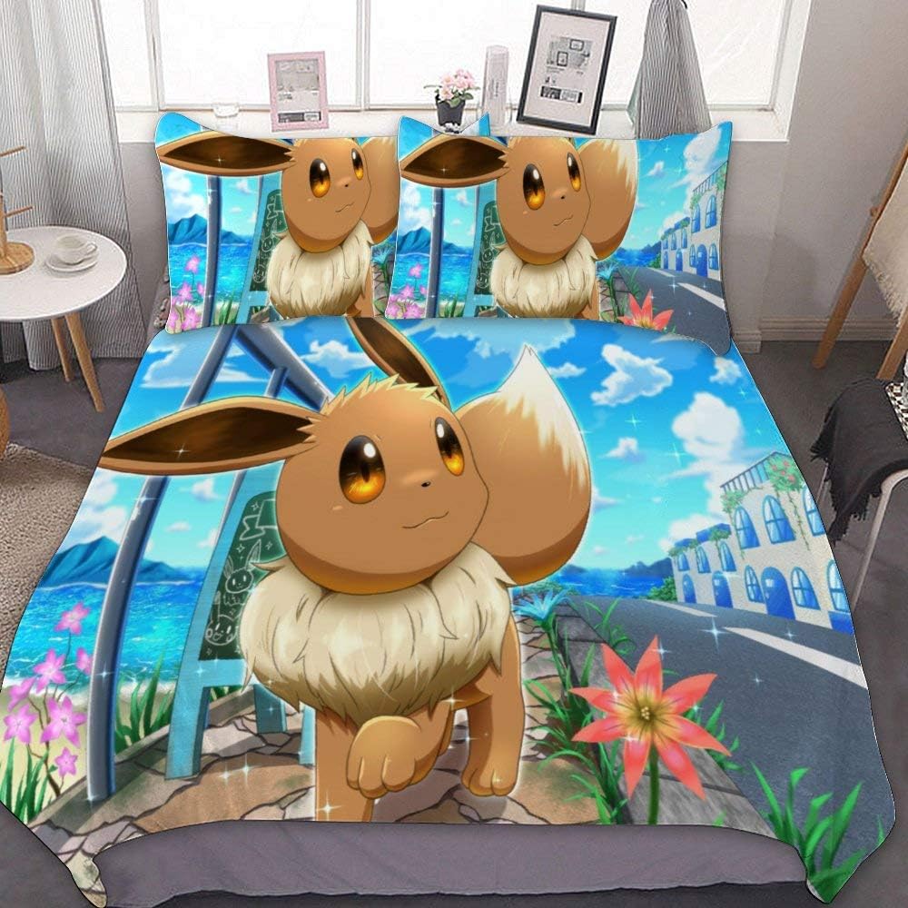 MEW Anime Twin Bedding Duvet Cover Set,Eevee (2),3 Pieces Bedding Set,with Zipper Closure and 2 Pillow Shams,Cute Boys Girls Comforter Sets,Luxury Bedroom Decorations